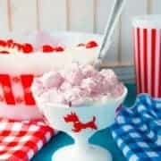 White sherbet glass full of Marshmallow Fluff topped with dollop of whipping cream