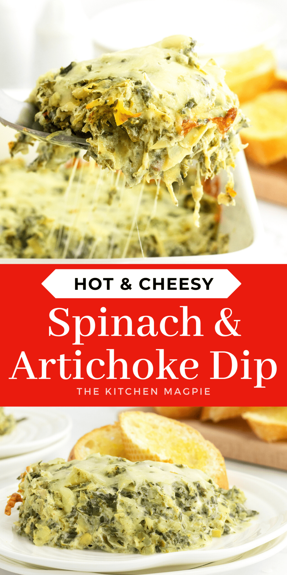 Hot spinach and artichoke dip just loaded up with melted cheese.