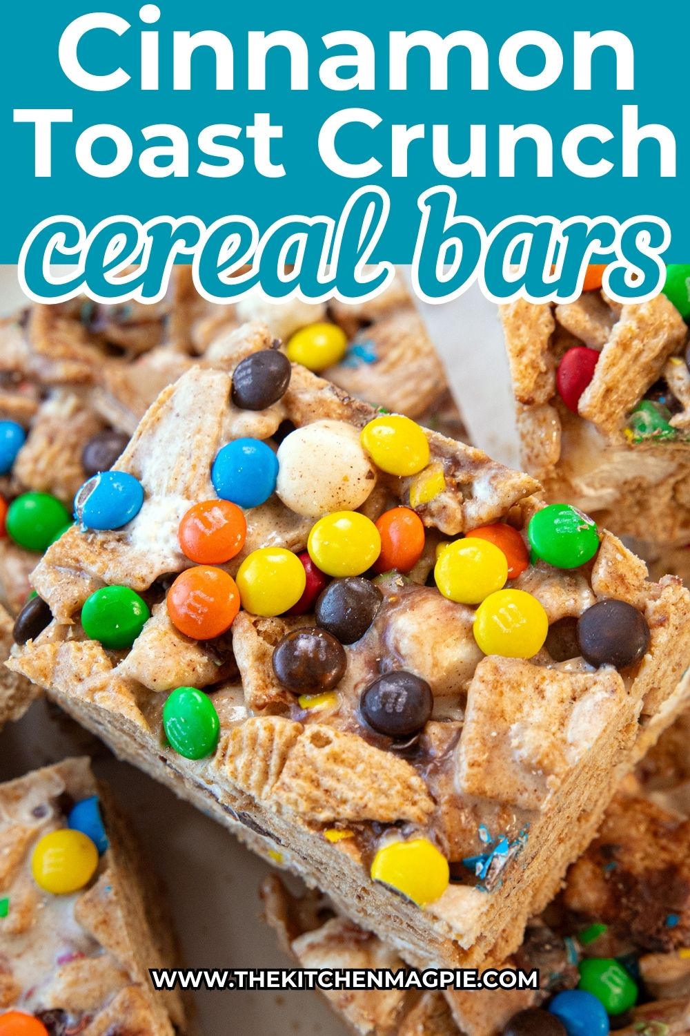 Decadent, gooey cereal bars made with Cinnamon Toast Crunch cereal, chocolate M&M candies and mini marshmallows! Dare I say they're even better than S'mores?
#camping #campingrecipe #picnic #picnicfood #cerealbars