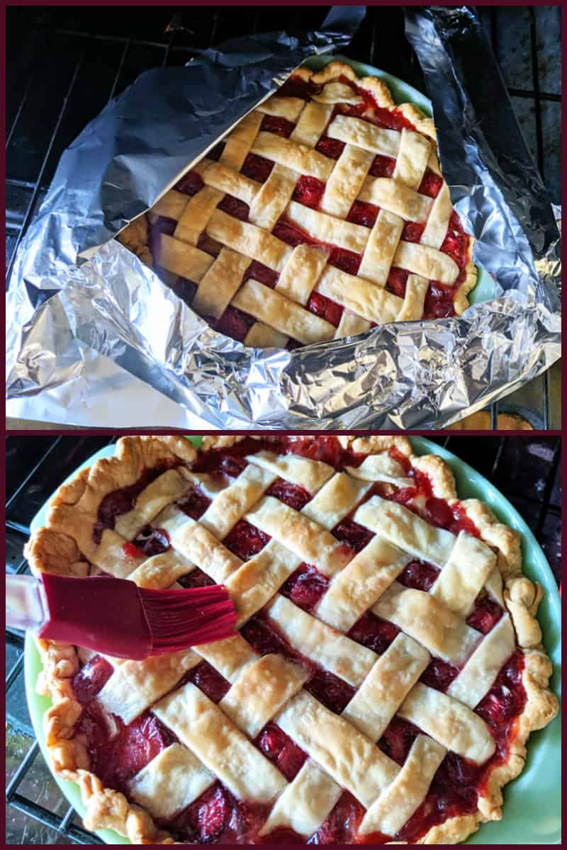 covering pie crust with tinfoil and brushing pie crust with egg yolk