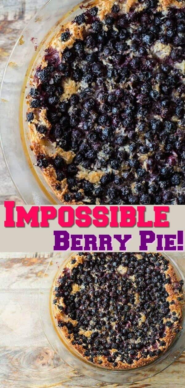 Impossible Berry Pie recipe! Place one bowl of ingredients into a pie plate and you get a flour crust, a custard layer and a berry coconut topping! #pie #baking #berries #saskatoons #blueberries #sweets #desserts #dessert #treat #picnic #recipe 