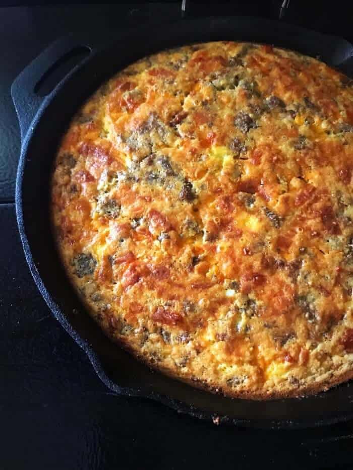 close up of Leftover Meatloaf Quiche in a cast iron skillet