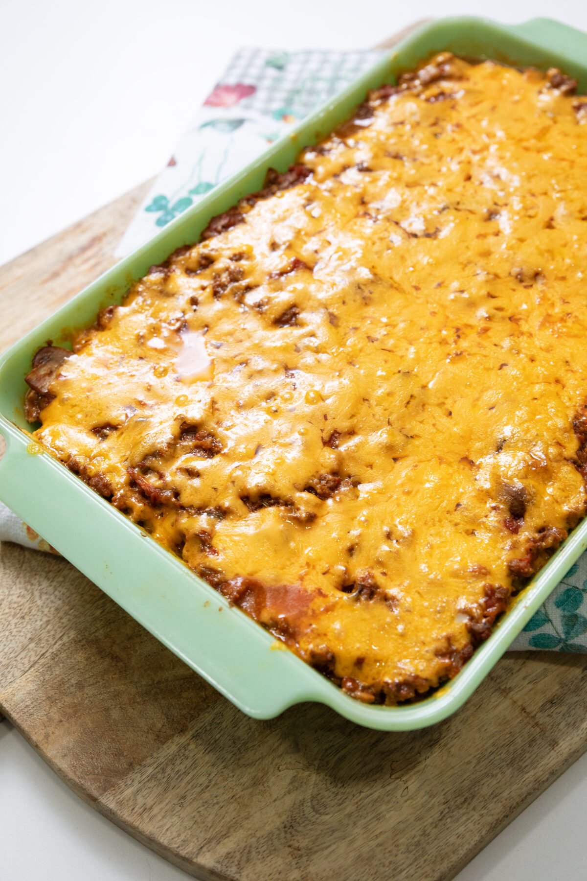 a jadeite pan full of Johnny Marzetti casserole