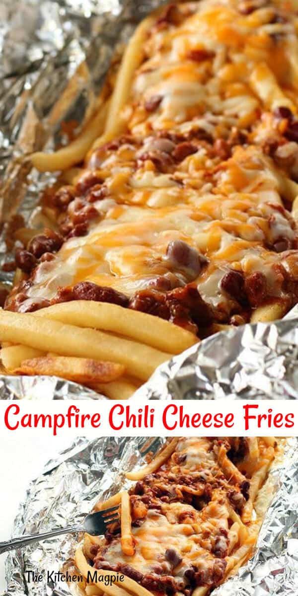 Easy, delicious and chili cheese fries that are done on the BBQ! These chili cheese fries won't heat up your kitchen and can by made when you are camping! #fries #cheese #camping #chili 