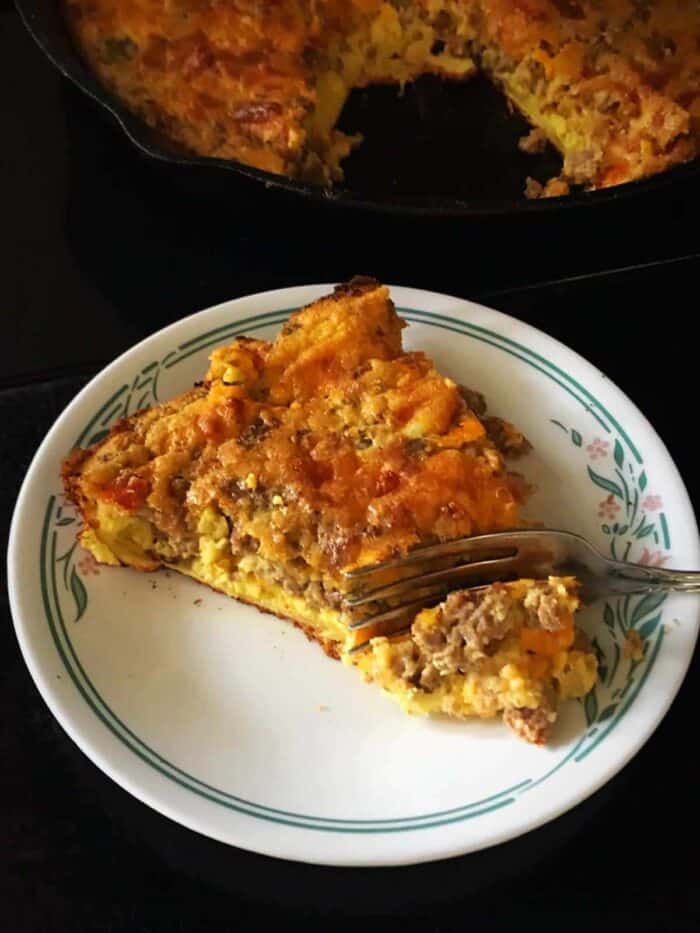 close up of a Slice of Leftover Meatloaf Quiche on a Corelle plate