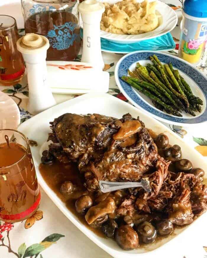 Creamy Mushroom Beef Chuck Roast With Mashed Potatoes and Asparagus