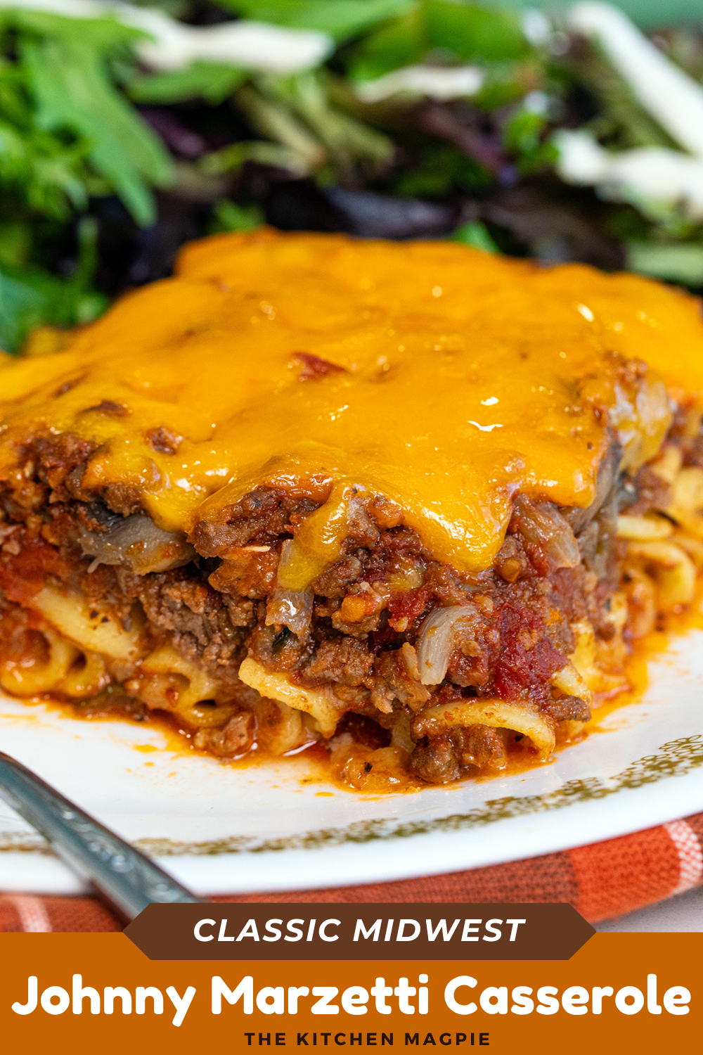 Johnny Marzetti Casserole (a delicious ground beef recipe) is a classic Midwest dish that is the perfect comfort food! #thekitchenmagpie #casserole #groundbeef