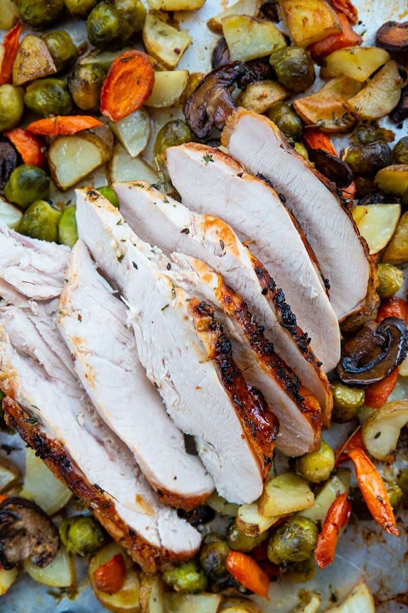 close up sliced Roast Turkey Breast with potatoes, carrots and mushrooms