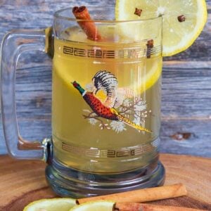 Close up of the Hot Toddy with cinnamon sticks and slices of lemon