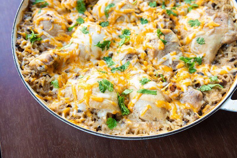 Mushroom Soup Chicken & Rice Casserole in a pan