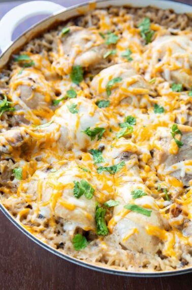 Chicken & Rice Casserole with melted sprinkled cheese on top