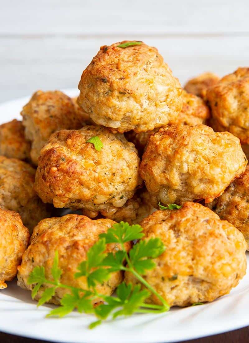 close up of Bisquick® Sausage Balls in a white plate