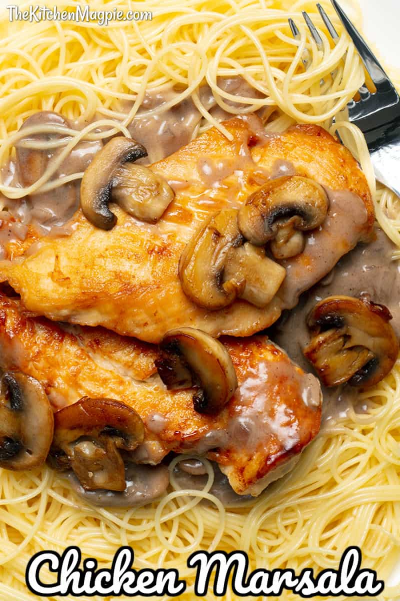 Fast and easy chicken Marsala with a deliciously creamy mushroom sauce, served over angel hair pasta - a dish that the whole family will love! 