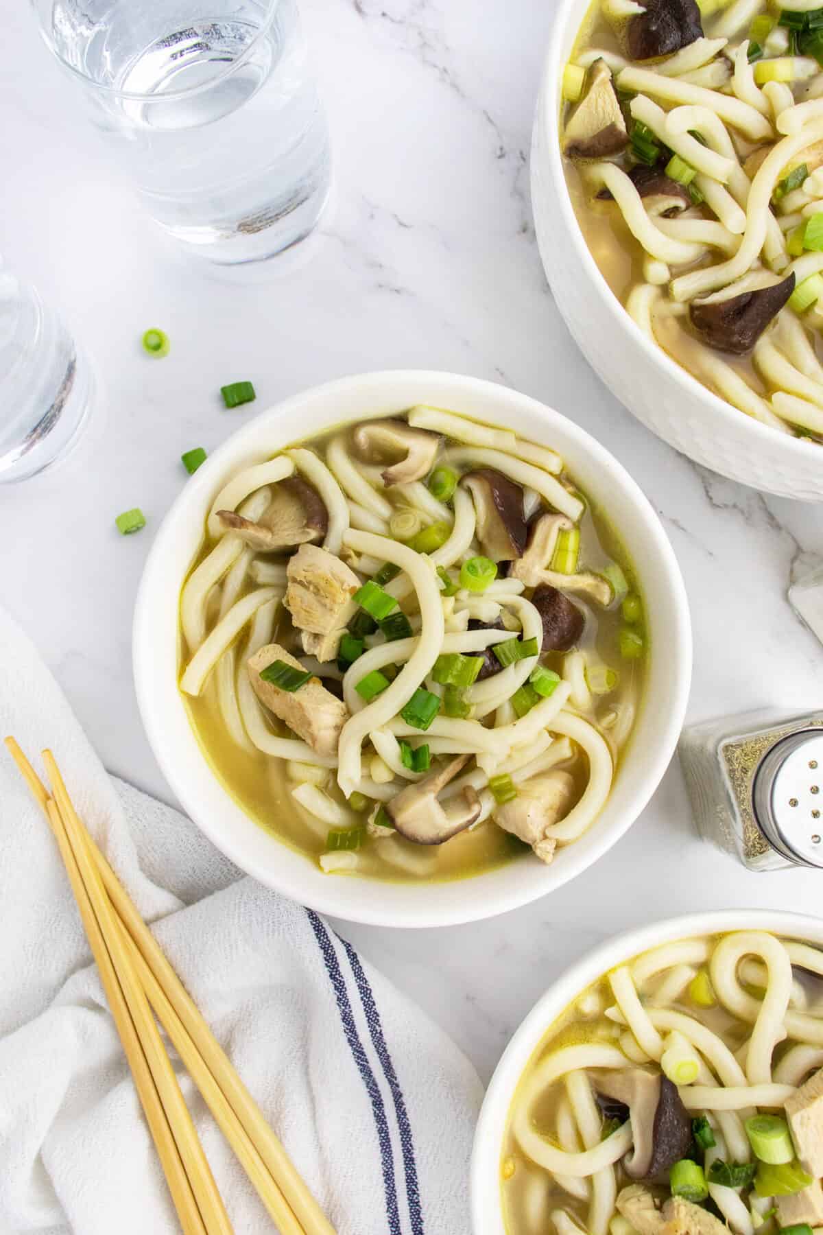 Chicken Mushroom Udon Noodle Soup in a bowl