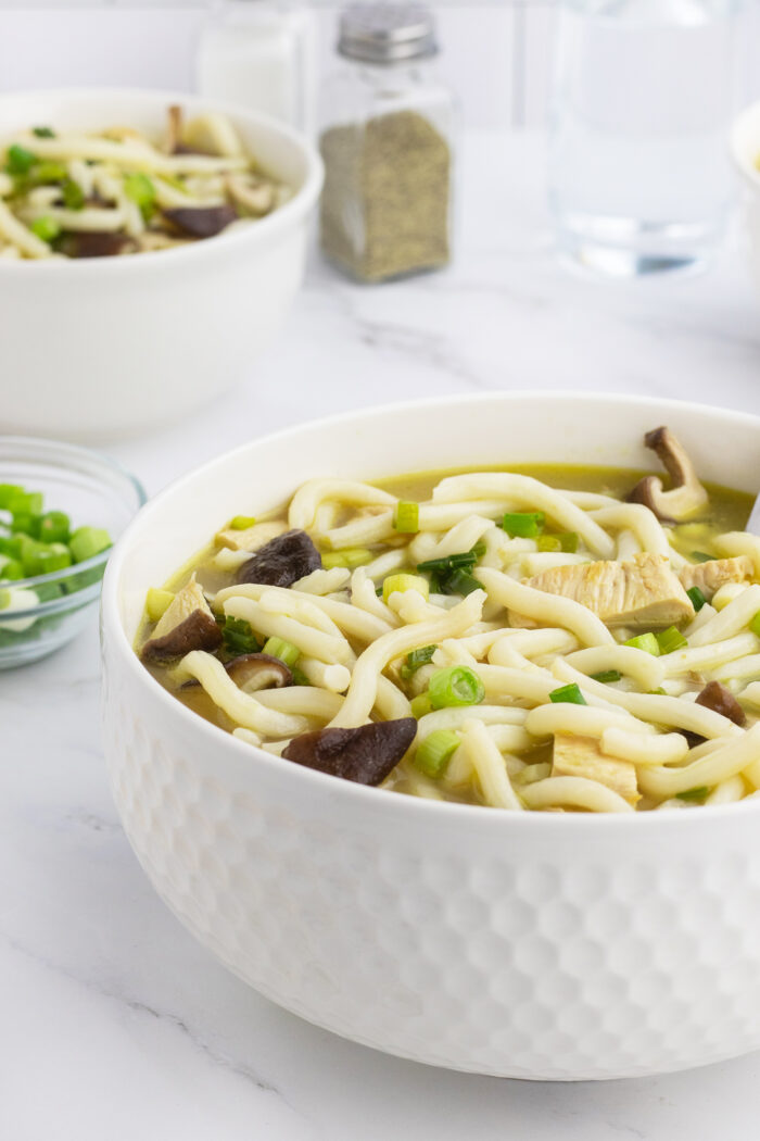 Chicken Mushroom Udon Noodle Soup in a bowl close up