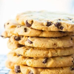 close up stack of Crispy Chocolate Chip Cookies