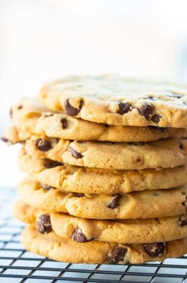 close up stack of Crispy Chocolate Chip Cookies