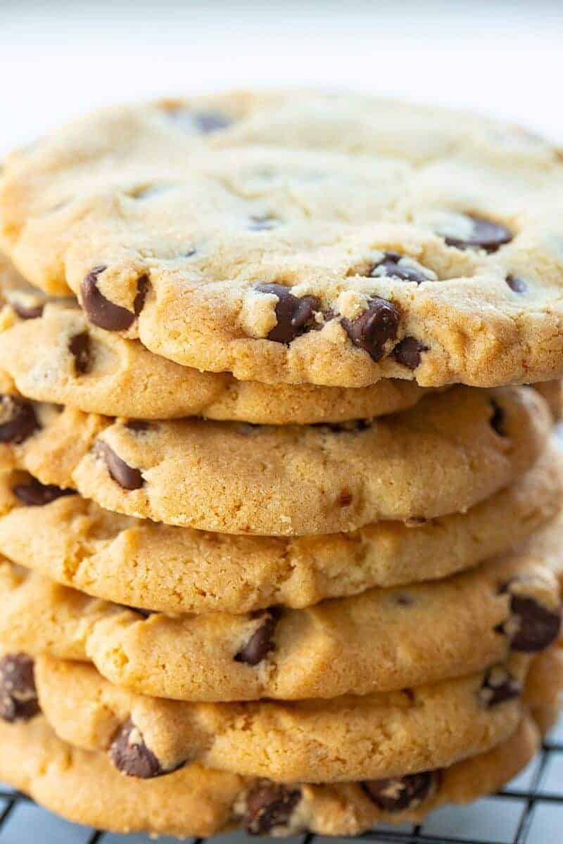 close up stack of Crispy Chocolate Chip Cookies