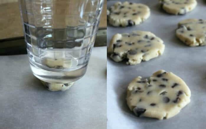 Flattening the Chocolate Chip Cookie Dough using a glass with water