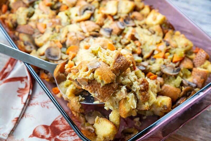 Oven Baked Turkey Stuffing in a Pyrex baking pan