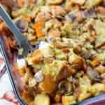 close up Oven Baked Turkey Stuffing with serving spoon