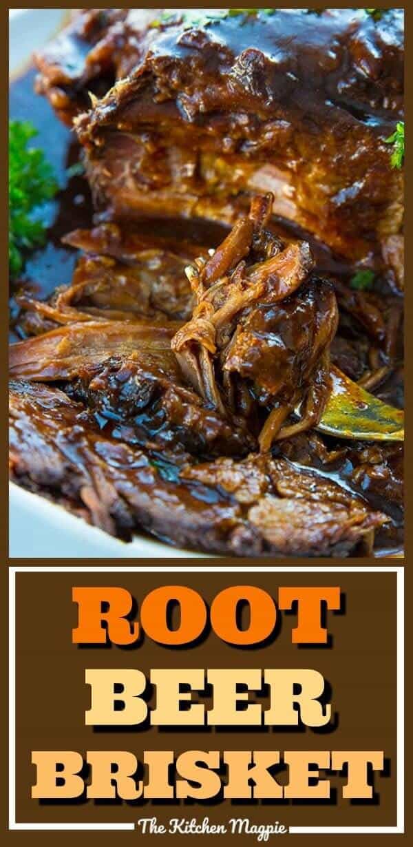 Root Beer BBQ Slow Cooker Brisket will thrill kids and adults alike! Using root beer and BBQ sauce together makes this the easiest and tastiest slow cooker brisket you'll ever have! Put this on your permanent dinner rotation list!  #brisket #rootbeer #slowcooker #crockpot 