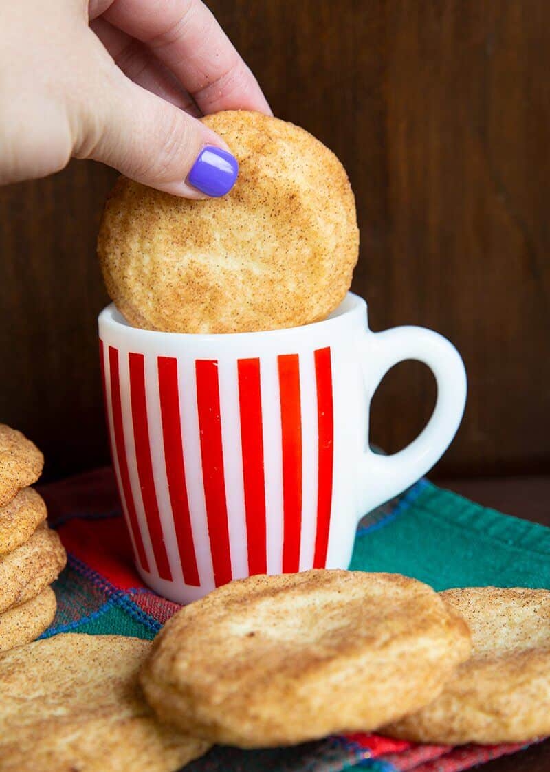 Dipping a Snickerdoodle Cookie in Milk on a red stripe mug