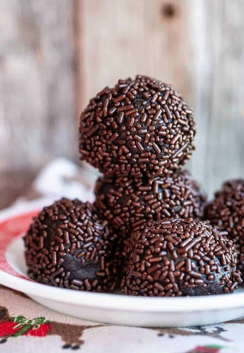 chewy and fudge-like rum balls or bourbon balls rolled in sprinkles