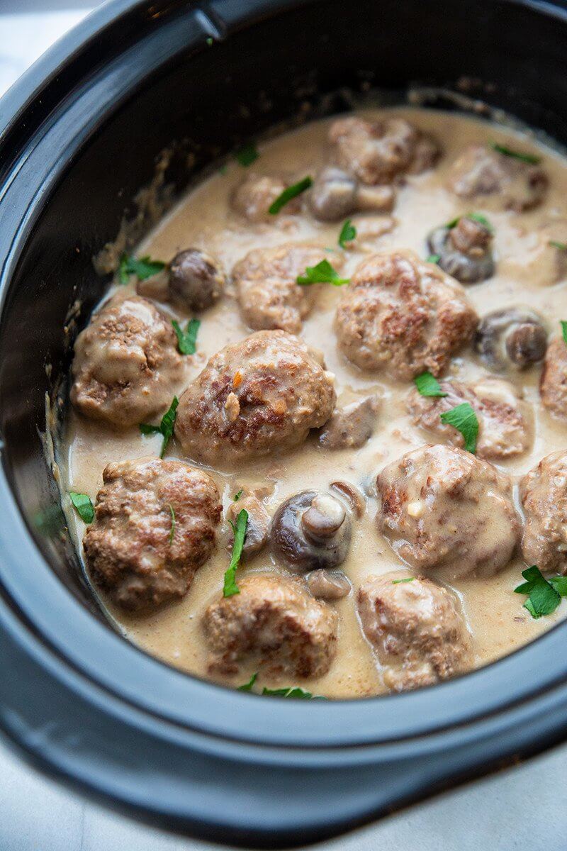 close up of Crock Pot Meatballs with Creamy Mushroom Gravy