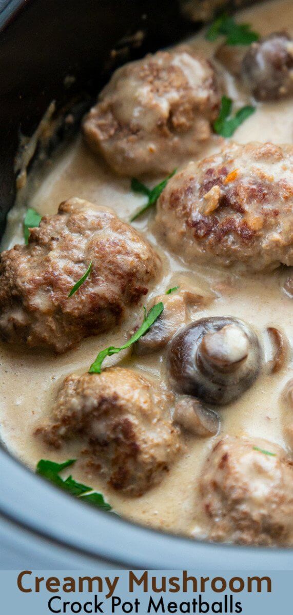 This is the perfect crock pot meatballs recipe, homemade meatballs in a creamy mushroom gravy that cooks all day long. Perfection! #slowcooker #crockpot #meatballs