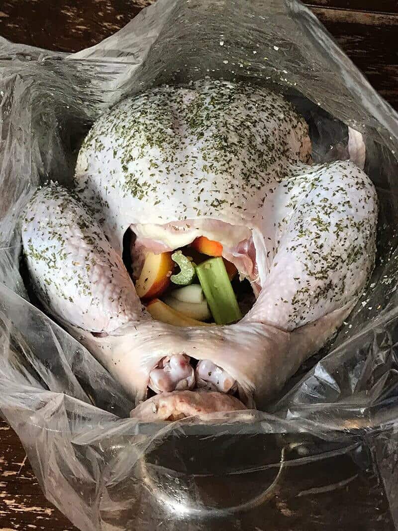 Stuffed turkey in an oven safe roasting bag
