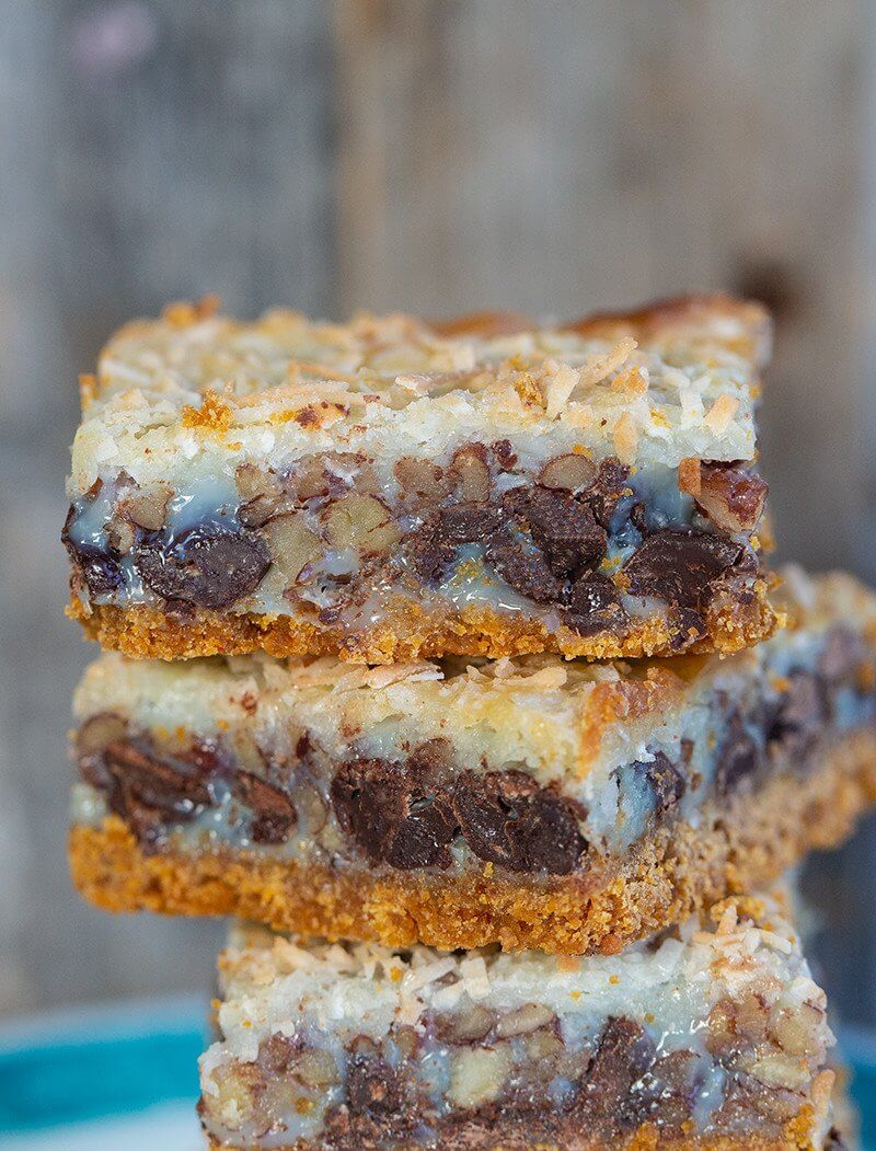 close up stack of Magic Cookie Bars