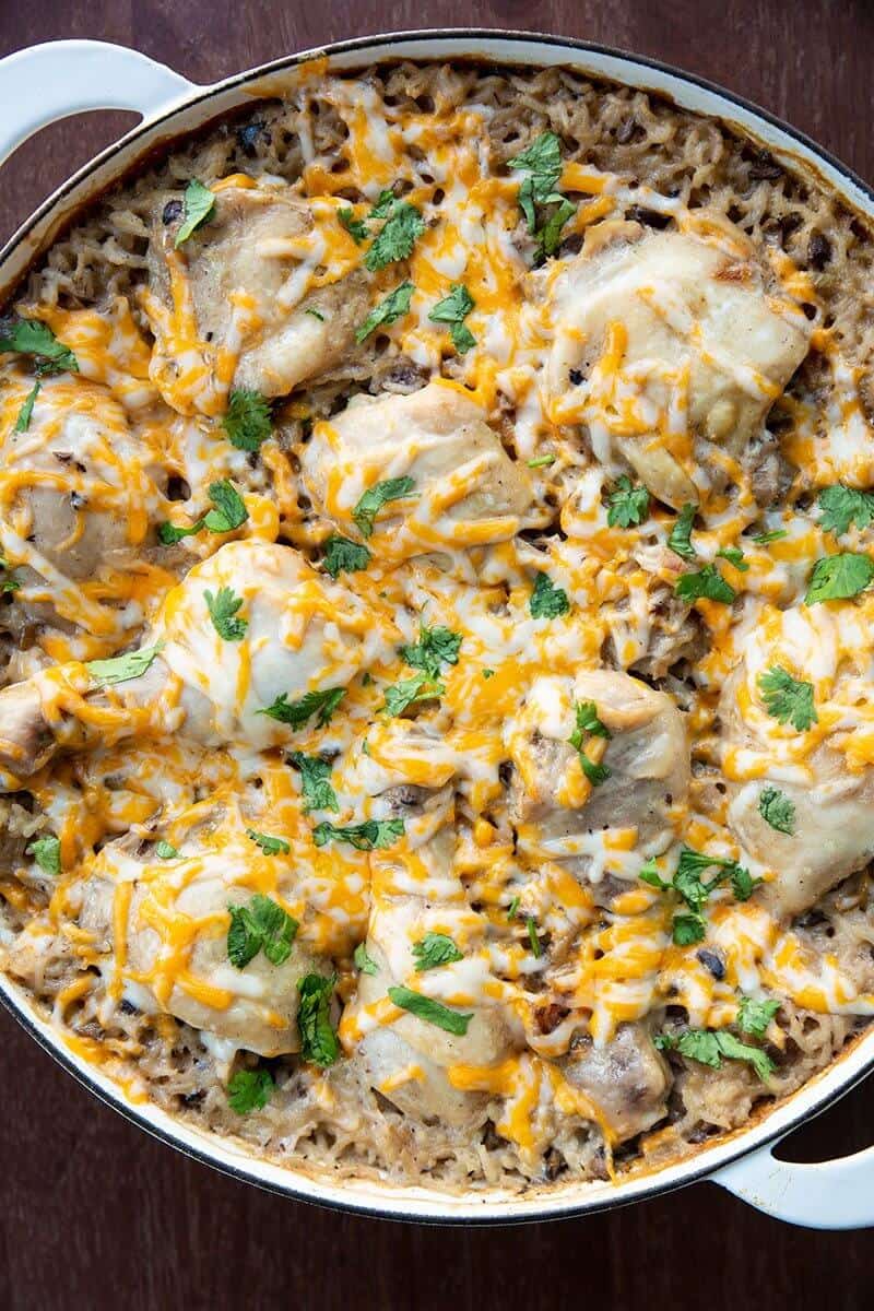 close up Chicken & Rice Casserole with melted sprinkled cheese on top