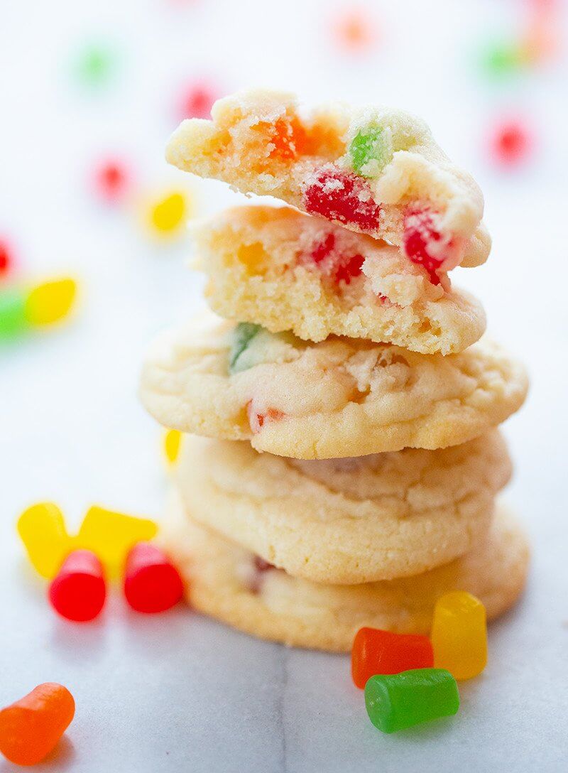 close up stack of Gumdrop Cookies, some pieces of gumdrops on background