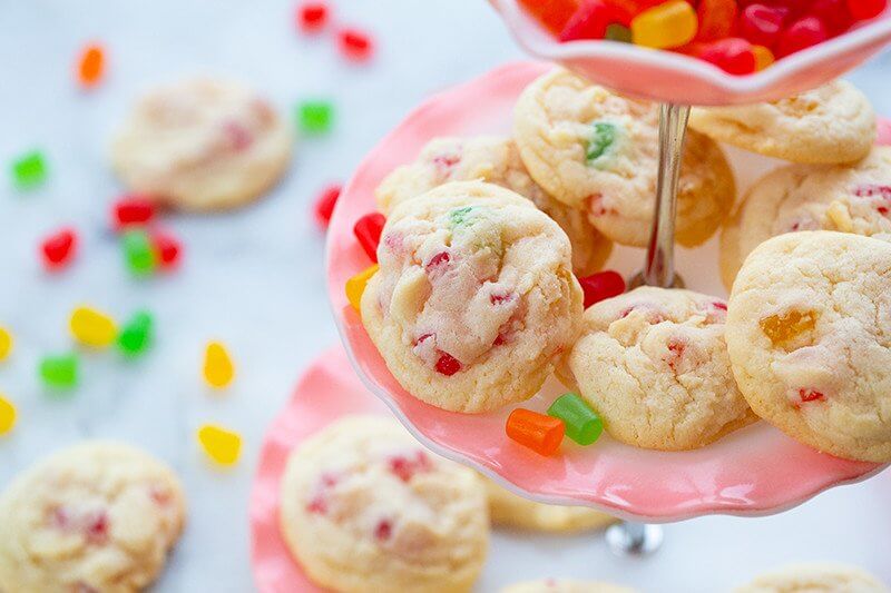 Old-Fashioned Gumdrop Cookies in a 3 layer pink cupcake stand