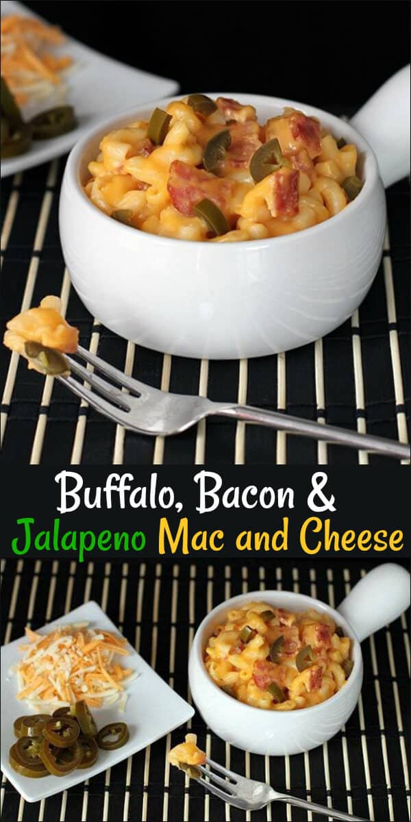 Buffalo hot sauce, bacon and jalapenos make this the best mac and cheese ever! You can leave out the hot sauce and bacon and make just jalapeno mac and cheese or any combination! #jalapeno #buffalo #macandcheese #pasta