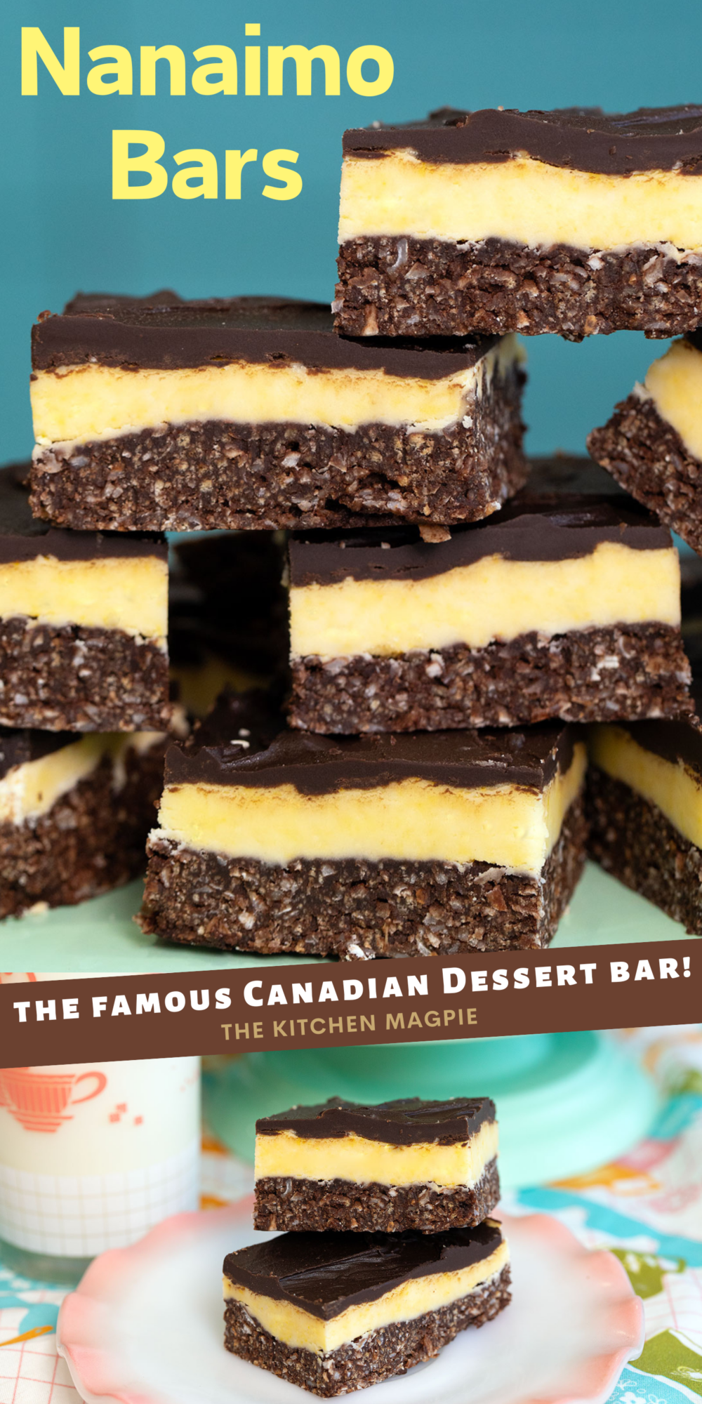 How to make classic Nanaimo bars! These famous Canadian dessert bars have a chocolate coconut base, a custard filling, and chocolate topping! #dessert #Christmasbaking #nanaimobars #dessertbars