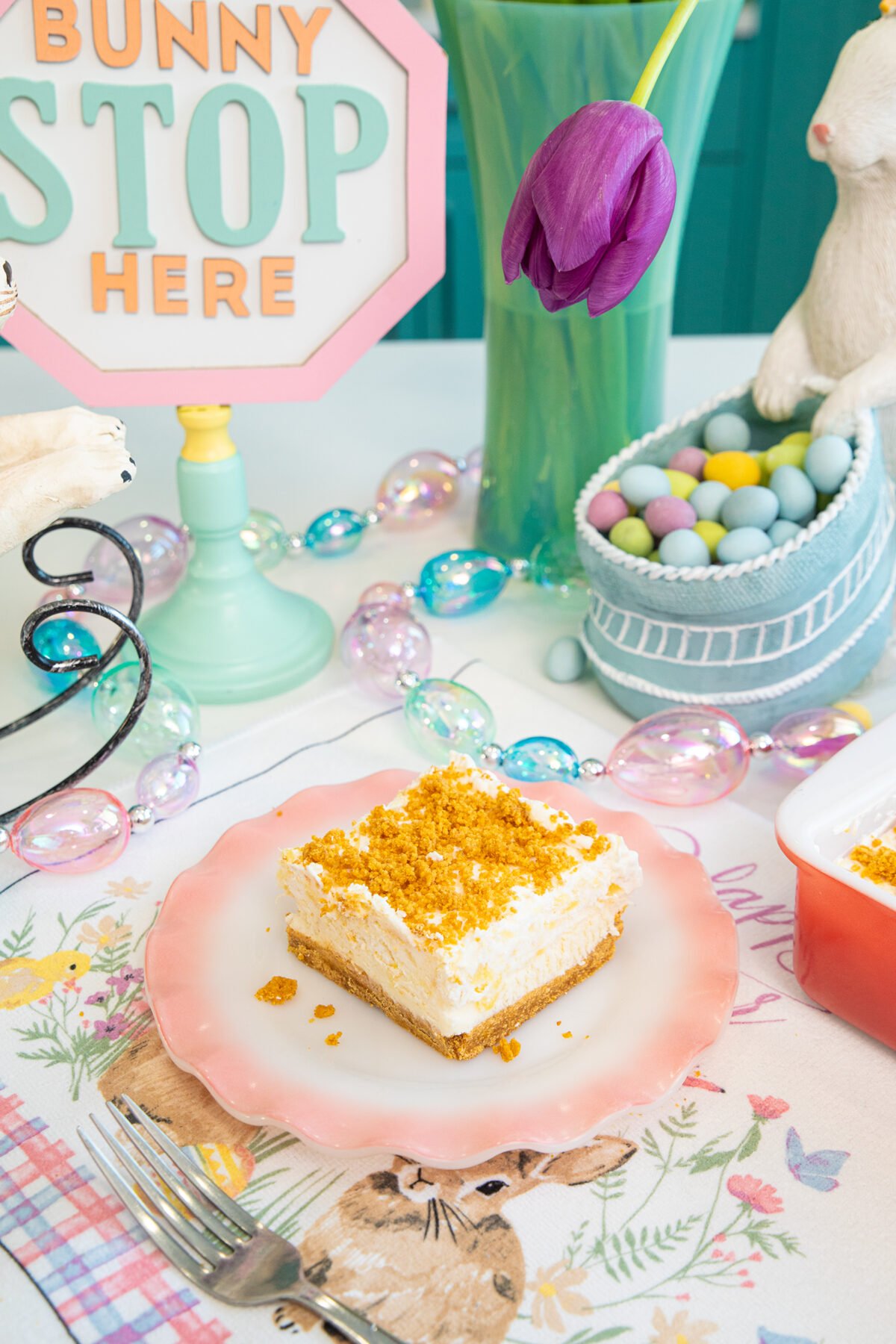 Easter dessert pineapple slice on a pink plate
