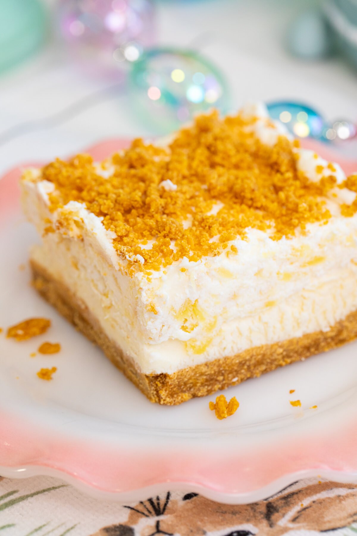 Easter dessert pineapple slice on a pink plate