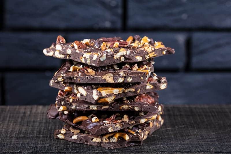 stack of cracked and broken up pieces Turtle Chocolate Bark