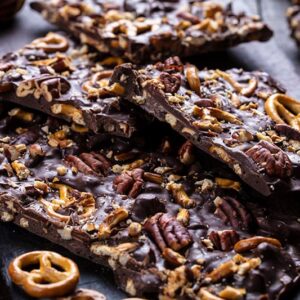 close up Turtle Chocolate Bark with crushed pretzels and pecans