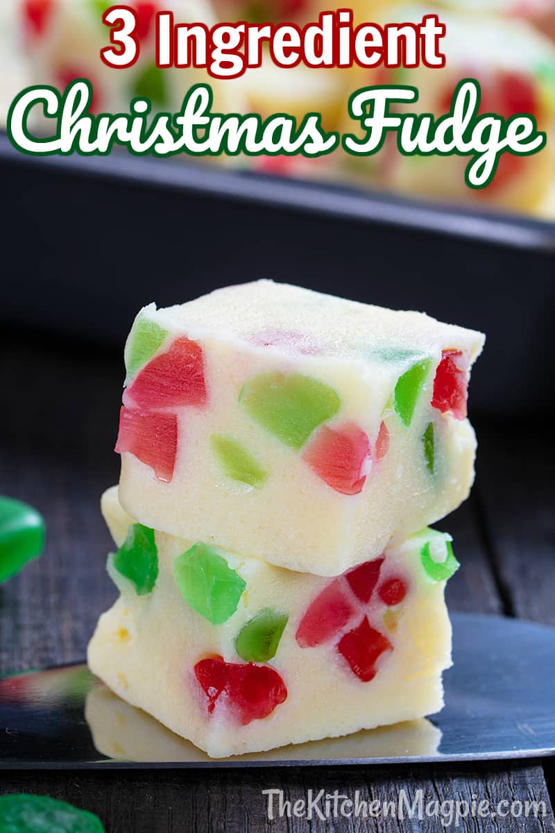 This Christmas fudge is only THREE ingredients, takes no time to make and the green, red and white combo makes for a beautiful Christmas treat! #christmas #fudge #candy 