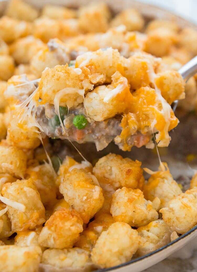 close up baked Hamburger Hotdish topped with Tater Tots