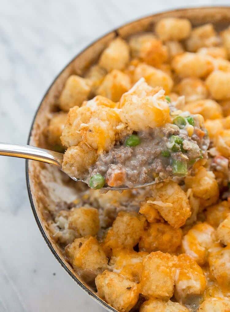 a spoon of Hamburger Hotdish Tater Tot