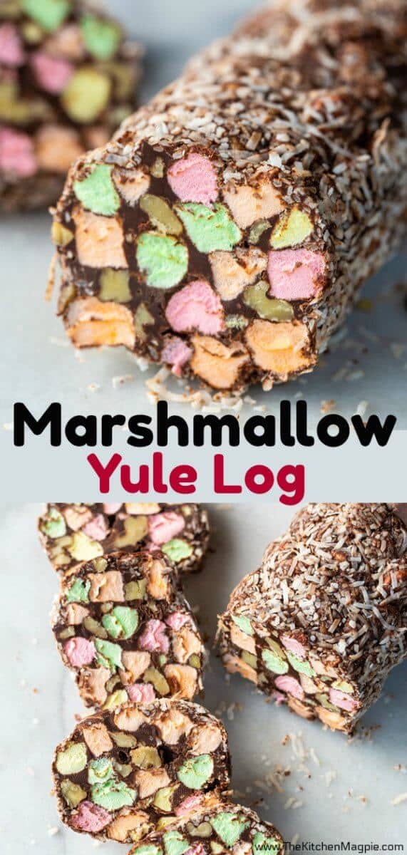 This Marshmallow Yule Log is one of my very favourite retro Christmas recipes! This treat is pure chocolate, walnut and coloured marshmallow goodness! #Christmas #YuleLog #dessert