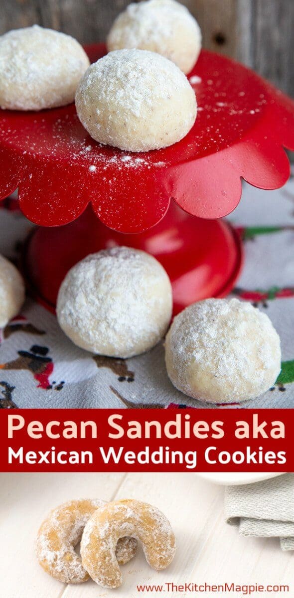 These delicious pecan cookies go by many names - Pecan Sandies or Mexican Wedding Cookies/Cake, but they are all the same buttery, melt in your mouth family favorite! #pecansandies #mexicanweddingcookies #cookies