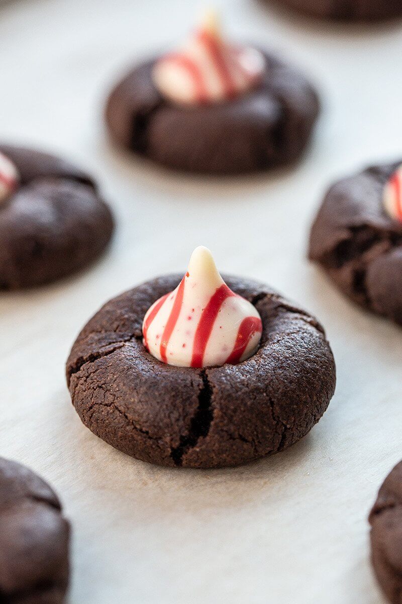 Chocolate Cookies with White Chocolate Peppermint Kisses on Top