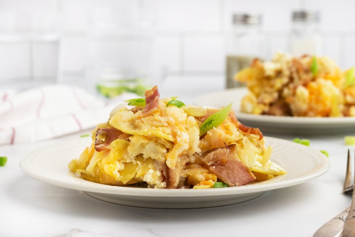 pierogi casserole on white plate