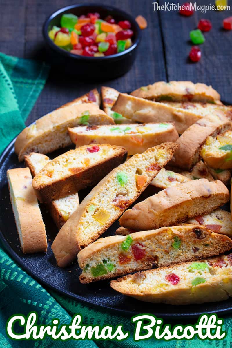 Delicious Christmas biscotti using candied cherries, gummies and fruit!  #christmas #recipe #biscotti #fruit #baking