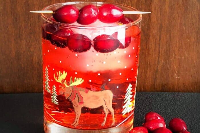 Close up of the Cranberry Rum Ginger Ale in Festive Tumbler